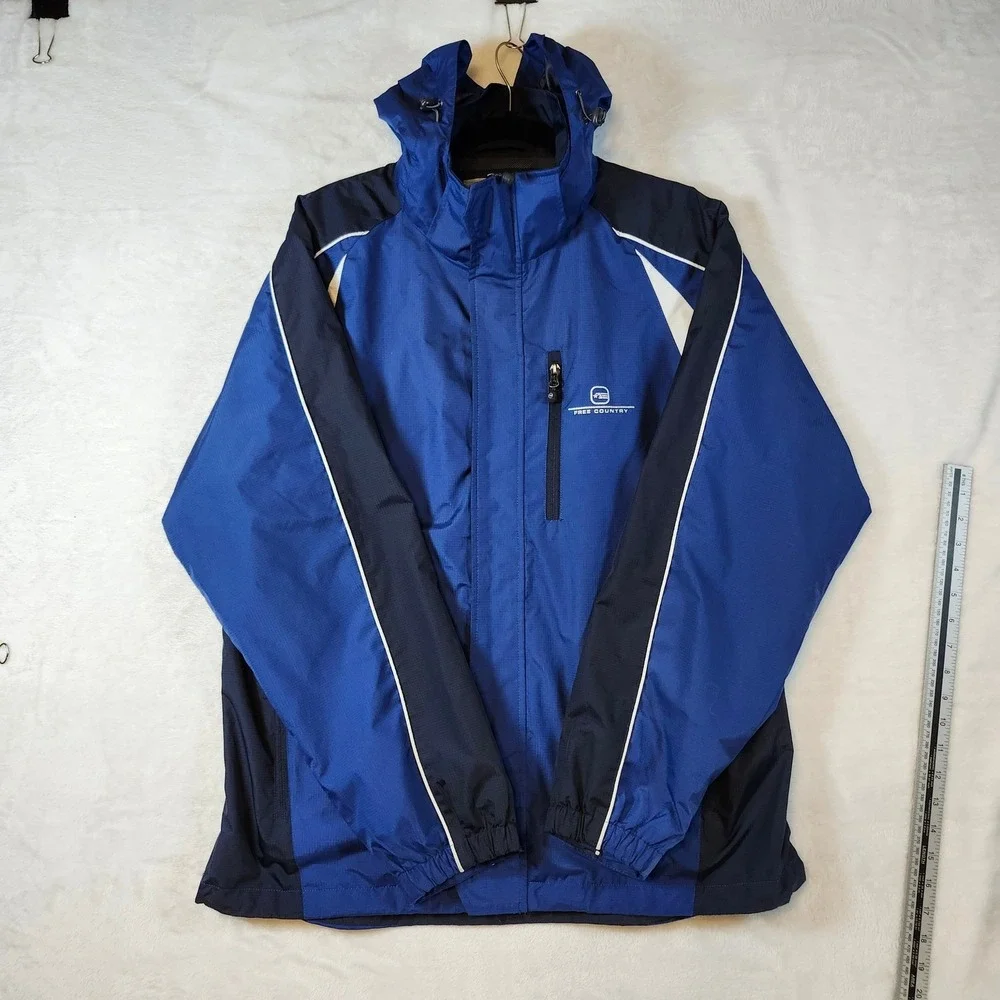 Free‎ Country Mens Blue Colorblock Hooded Windbreaker Jacket Water Resistant L